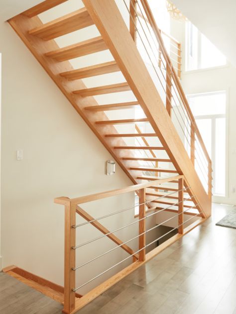 Open Rise Oak - Specialized Stair & Rail Stacked Staircase, Horizontal Railing, Open Basement Stairs, Redo Stairs, Open Basement, Cabin Renovation, Open Stairs, House Staircase, Oak Stairs