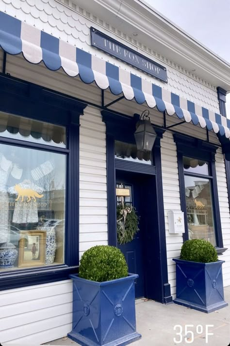 Clothes Store Exterior, Striped Awning Store Fronts, Blue Restaurant Exterior, Coastal Cafe Exterior, Boutique Exterior Store Fronts, Boutique Exterior, Furniture Store Interior Design, Boutique Store Front, Neoclassical Home