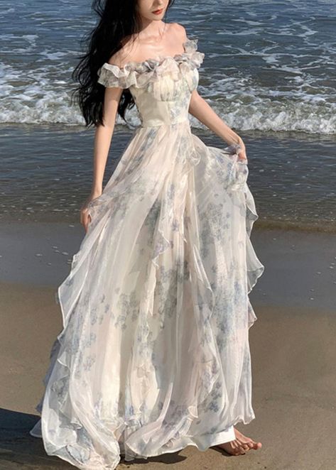 Casual Elegant Style, Floral Chiffon Dress, Chiffon Dress Long, Ruffles Fashion, Bohemian Print, Printed Long Dresses, Elegant Dresses For Women, Fashion Bohemian, Long Summer Dresses