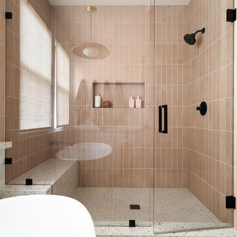 Earth Tone Small Bathroom, Blush Bathroom Tiles, Blush Shower Tile, Blush Tile Bathroom, Two Tone Shower Tile, Warm Tile Bathroom, Two Tone Shower Tile Ideas, Peach Tile Bathroom, Neutral Bathroom Ideas Earth Tones