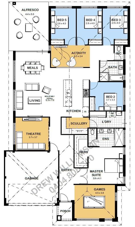 Floor Plan Friday: 5 bedroom, activity, games, scullery Big Porch, 5 Bedroom House Plans, Two Story House Plans, Double Sinks, Activity Room, Home Design Floor Plans, Sims House Plans, House Layout Plans, Bedroom Floor Plans