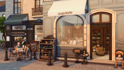 Bookstore Cafe, Sims 4 House Design, Casas The Sims 4, Sims Building, Sims House Plans, Sims House Design, French Cafe, Sims Community, Sims 4 Build