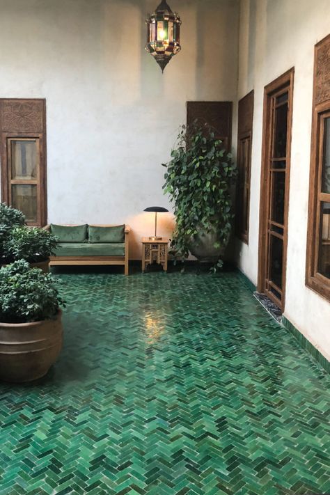 Green Floor Tile Living Room, Emerald Green Floor Tile, Green Tile Living Room, Morocco Bathroom Design, Marocco Bathroom, Marrakech Decor, Morocco Furniture, Living Room Tile Floor Ideas, Green Floor Tiles