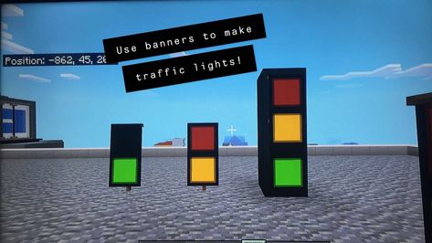 Use top and bottom halves and a black border to make cool traffic lights! Minecraft Traffic Light Banner, Minecraft Stop Sign, Traffic Light Minecraft, Minecraft Traffic Light, Building Hacks, Minecraft Banners, Minecraft Plans, Traffic Lights, Minecraft Stuff