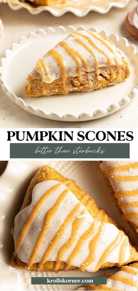 Pumpkin Scones (Starbucks Copycat!) • Pumpkin Scones Starbucks, Starbucks Pumpkin Scones, Pumpkin Spice Scones, Pumpkin Bread Starbucks Copycat, Pumpkin Scones Recipe, Bourbon Glaze, Starbucks Pumpkin Spice, Fall Brunch, Copycat Starbucks