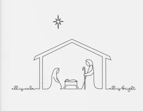 Draw A Christmas Tree Easy, Nativity Scene Tattoo, Nativity Drawings Simple, Nativity Tattoo, Nativity Outline, Simple Manger Scene, Christian Christmas Drawings, Manger Drawing, Nativity Sketch