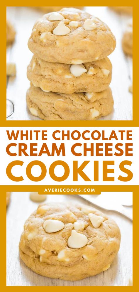 Chocolate Cream Cheese Cookies, White Chocolate Chips Recipes, White Chocolate Chip Cookies Recipes, Cream Cheese Cookie Recipe, White Chocolate Cream, Averie Cooks, White Chocolate Chip, Cheese Chips, White Chocolate Chip Cookies