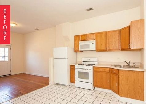 Rental Makeover, Southwestern Home Decor, Rental Kitchen, Desert Chic, White Tile Floor, Southwestern Home, Apartment Makeover, Old Apartments, Oak Kitchen Cabinets