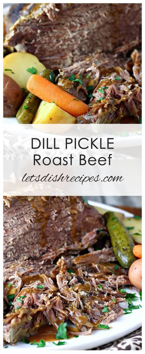 Dill Pickle Roast Beef Recipe: Roast beef is slow cooked with tangy dill pickles, carrots and onions in this unique but delicious beef dish. #beef #roast #slowcooker Pickle Roast Beef, Dill Pickle Roast, Pickle Roast, Pickles Carrots, Beef Roasts, Jar Of Pickles, Roast Beef Recipe, Slow Cooker Roast Beef, Simply Stacie