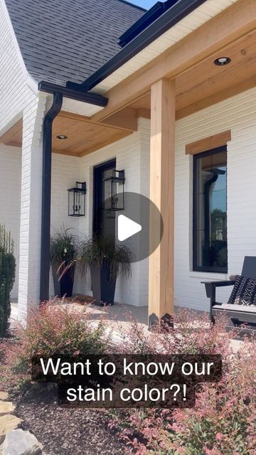 Tiffany Hager | Myrusticmodernhome on Instagram: "Stain color yall!! our local Farrell Calhoun store did this amazing mix for us based off of our wood floors! This stain was used throughout our entire home on all of our wood. Our wood beams inside and out are cypress, pavilion is cypress, tongue and groove patio ceilings are pine, bathroom cabinets knotty alder. #stain #woodstain #woodbeams #diy #diyhomeprojects #woodworking #modernfarmhouse #modernfarmhousestyle #exterior #exteriors #exteriorsofinsta #exteriorsofinstagram  Top of can code: B-5  C-9  F-2  1LX-Y" Stained Pine Tongue And Groove Ceiling, Stain Colors For Cypress Wood, Wood Stain Colors On Pine Ceiling, Tongue And Groove Ceiling Stain Colors, Stain Colors For Cedar Wood, Tongue And Groove Ceiling Porch, Patio Ceilings, Staining Pine Wood, Knotty Alder Stain