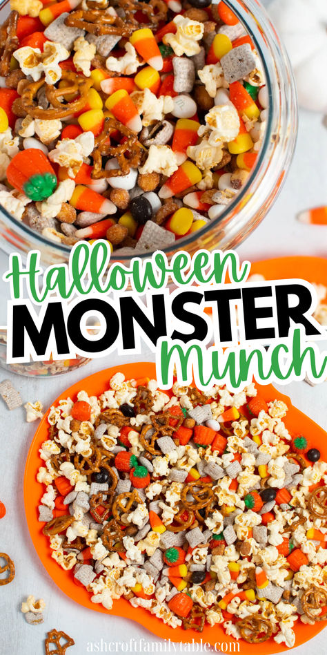 Halloween monster munch snack mix with popcorn at a Halloween party. Kindergarten Snacks For Classroom, Easy Preschool Halloween Treats, Halloween Party Food For Kids School, Sweet And Salty Popcorn Mix Recipes, Monster Munch Popcorn, Harvest Party Snacks For Kids, Elementary School Halloween Party Snacks, Halloween Office Snacks, Halloween Snacks For Class Party