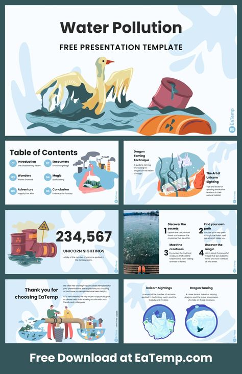 Water Pollution PPT Presentation Template - Free PowerPoint Templates, Google Slides, Figma Deck And Resume Canva Idea, Flood Mitigation, Scientific Poster, Free Ppt Template, Presentation Slides Design, Marine Pollution, Powerpoint Slide Designs, Presentation Design Layout, Ocean Pollution