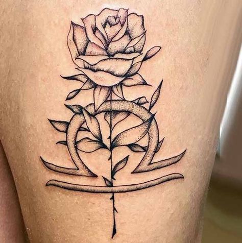 Libra rose tattoo by @tattoovikink Libra Flower Tattoo, Libra Scale Tattoo, Libra Flower, Libra Sign Tattoos, Libra Scale, Libra Zodiac Tattoos, Tattoo Guide, Libra Art, Horoscope Tattoos