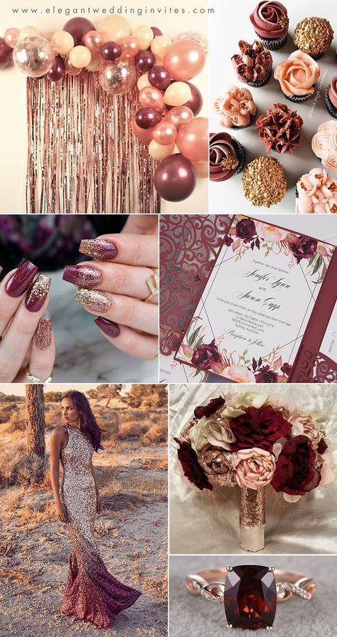 rose gold,blush, burgundy and wine red fall wedding colors Wedding Rose Gold Theme, Gold And Burgundy Wedding, Rose Gold Wedding Ideas, Rose Gold Theme, Wedding Rose Gold, Gold Wedding Ideas, Gold Wedding Theme, Rustic Wedding Decorations, Wedding Rose