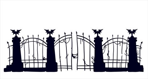 Spooky Fence, Halloween Villages, Cemetery Halloween, Japanese Ornament, Comic Ideas, Old Fences, Halloween Silhouettes, Autumn Illustration, Halloween Vector