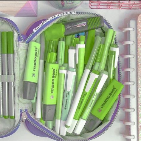 Pretty School Supplies, Stationery Obsession, Colorful Stationery, Bic Pens, Cute Stationary School Supplies, Cute School Stationary, Kawaii School Supplies, Green School, Cool School Supplies