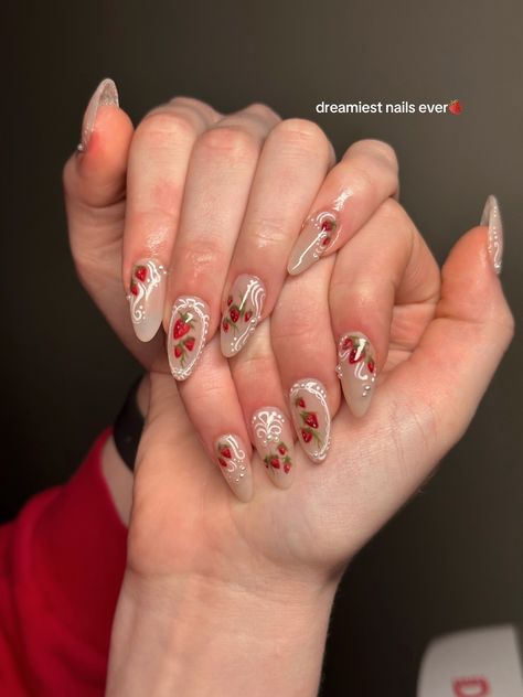 Beauty by Cass on TikTok Strawberry Nail Art, Strawberry Nails, Berry Nails, Wow Nails, Vintage Nails, Gel Nails Diy, Grunge Nails, Really Cute Nails, Red Nail