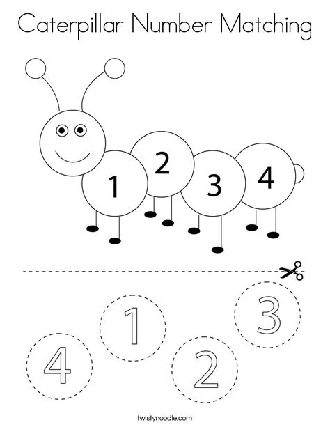 Caterpillar Number Matching Coloring Page - Twisty Noodle Caterpillar Numbers Preschool, Caterpillar Number Matching, Number Four Activities Preschool, Matching Numbers Preschool, Number Caterpillar, Numbers Worksheets For Kids, Numbers Craft, Numbers Coloring Pages, Number For Kids