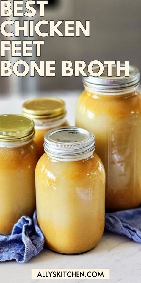 Four mason jars filled with chicken feet bone broth. Chicken Bone Broth Benefits, Chicken Feet Bone Broth, Chicken Bone Broth Recipe, Magic Elixir, Bone Broth Benefits, Making Bone Broth, Pretty Ugly, Bone Broth Recipe, Beef Bone Broth