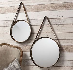 Marston 2 Piece ROUND metal vintage bronze wall Hanging MIRRORS 40cm & 30cm Diam Mirrors With Leather Straps, Round Hanging Mirror, Full Wall Mirror, Big Wall Mirrors, Wall Mirrors Set, Rustic Wall Mirrors, Antique Mirror Wall, Mirror Wall Living Room, Mirror Wall Bedroom