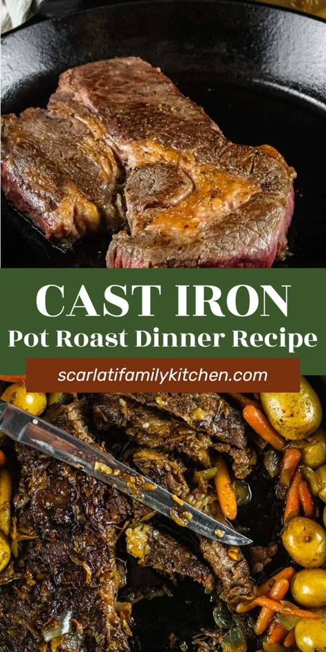 This simple roast dinner in a cast iron skillet is the best Sunday dinner. Juicy chuck roast is cooked low and slow with potatoes, carrots, and onions for an easy one-pot meal the whole family will enjoy. Beef Roast In Cast Iron Skillet, Pot Roast In The Oven Cast Iron Skillet, Cast Iron Roast Beef, Pot Roast Cast Iron Skillet, Chuck Roast Recipes Oven Cast Iron, Pot Roast In Cast Iron Skillet, Cast Iron Chuck Roast, Chuck Roast In Cast Iron Skillet, Cast Iron Pot Roast