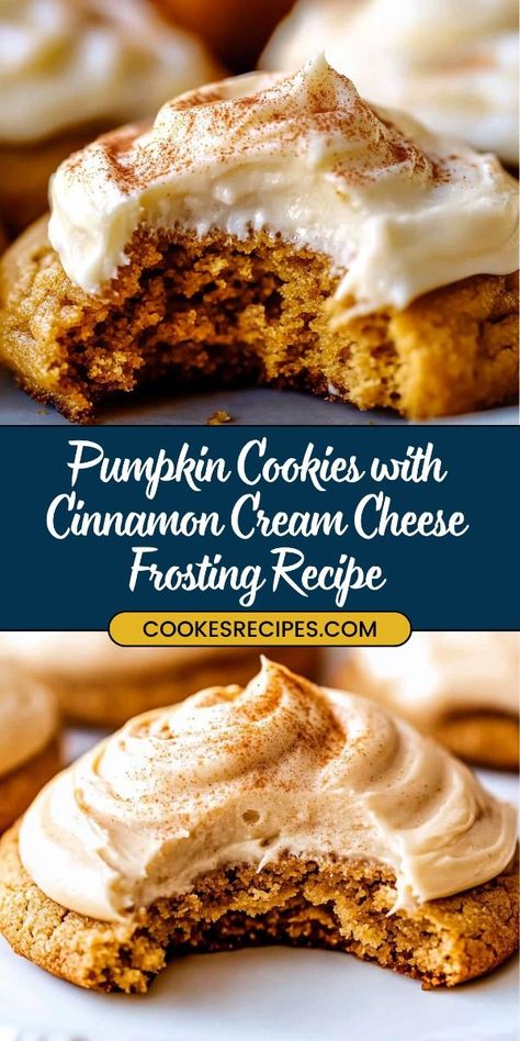 These Pumpkin Cookies with Cinnamon Cream Cheese Frosting are the perfect fall treat! Soft, spiced cookies topped with a creamy cinnamon cream cheese frosting. Easy to make, and they melt in your mouth! Try them with chocolate chips for an extra indulgent twist. #PumpkinCookies #FallBaking #CreamCheeseFrosting #PumpkinSpiceDesserts #HolidayBaking Pumpkin Spice Cream Cheese Cookies, Pumpkin Spice Cookies With Cream Cheese, Cinnamon Cream Cheese Cookies, Frosted Pumpkin Cookies, Cookies With Cinnamon, Persimmon Cookies, Pumpkin Spice Desserts, Cream Cheese Cookie Recipe, Spiced Cookies