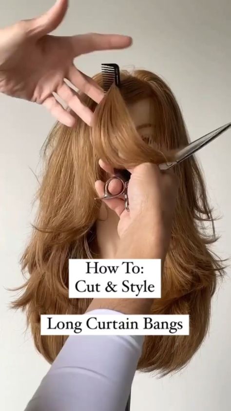 behindthechair_com on Instagram: * More Fringe w/ Benefits! 😝 HOW-TO: Cut & Style Long Curtain Bangs ✂️ - @ahappyjustin @ultabeaty 🤩🤩🥰 After determining the desired… Styles For Curtain Bangs, How To Trim Your Own Curtain Bangs, Trim Your Own Curtain Bangs, How To Cut Long Curtain Bangs, How To Style Long Curtain Bangs With Straightener, How To Cut Fringe Bangs, How To Recut Curtain Bangs, Bangs With Benefits, How To Cut Curtain Bangs