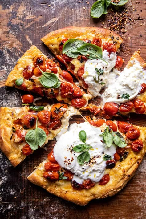 Herb Roasted Cherry Tomato Pizza | halfbakedharvest.com Cherry Tomato Pizza, Burrata Recipes, Burrata Pizza, Honey Pizza, Tomato Pizza, Half Baked Harvest Recipes, Cherry Tomato Recipes, Italian Menu, Pizza Flatbread