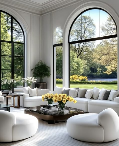 Big Windows Living Room Decor, Big Windows Living Room, Living Room Design Blue, Daffodil Garden, House By The Lake, House Structure Design, Luxury Mansions Interior, House Interior Design Styles, Rich Home