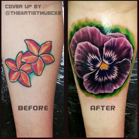 flower tattoo coverup. purple pansy flower tattoo, girl tattoos Purple Pansy Tattoo, Flower Tattoo Coverup, Flower Coverup Tattoo, Pansy Flower Tattoo, Flower Cover Up Tattoos, Pansy Tattoo, Violet Flower Tattoos, Violet Tattoo, Tattoo Coverup