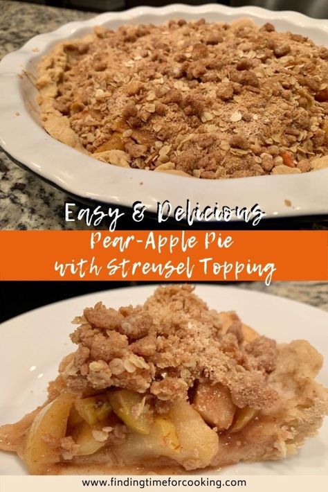 Easy & Delicious Pear-Apple Pie with Streusel Topping | This (semi-healthy) awesome pie recipe is perfect for both a quick weeknight dinner and all your holiday gatherings. It's fast, easy, and can be made ahead of time. This pie is a go-to recipe for my family for Thanksgiving or just because! #holidaydessert #pie #thanksgiving #pears #applepie Pear Apple Pie Recipe, Pear Pie Filling Recipes, Apple And Pear Pie, Pear Apple Pie, Apple Pear Pie Filling, Apple Pear Pie Recipe, Apple Pear Recipes, Apple Pie Streusel, Pear Pie Filling