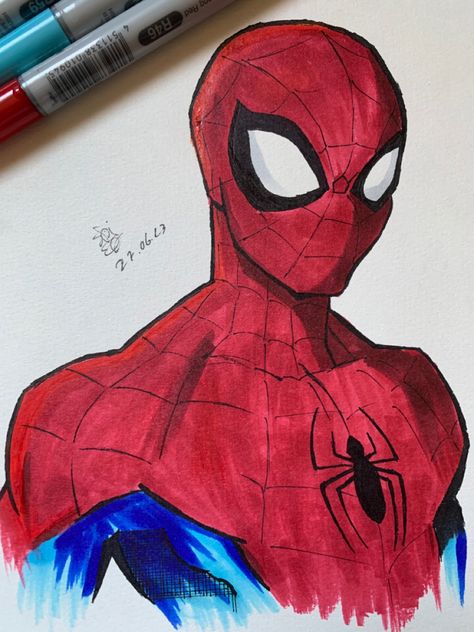 Spiderman Marker Drawing, Spiderman Marker Art, Spider Man Sketchbook Ideas, Spider Man Marker Drawing, Spiderman Colored Pencil Drawing, Spiderman Pencil Colour Drawing, Spider Man Ink Drawing, Spiderman Sketches, Spiderman Painting