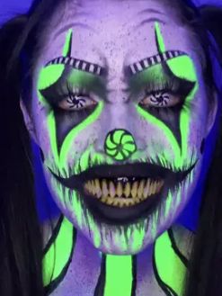 Creepy Neon Clown Makeup, Black Light Clown Makeup, Clown Makeup Neon, Scary Neon Clown Makeup, Uv Clown Makeup, Glow In The Dark Clown Makeup, Gore Clown Makeup, Haunted House Scare Actors, Zombie Clown Makeup