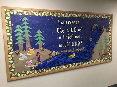 Rolling River Rampage VBS River Bulletin Board, Vbs Camping Theme Decorations, Camp Firelight Vbs Decorations, Vbs Camping Theme, Camp Out Vbs, Winter Doors, Camping Bulletin Boards, Aba Classroom, Camping Vbs