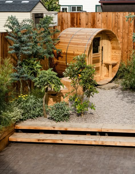 San Francisco Backyard, Backyard Spa, Gravel Landscaping, Barrel Sauna, Timber Fencing, Sauna Design, Outdoor Sauna, Landscape Designer, Surf Life