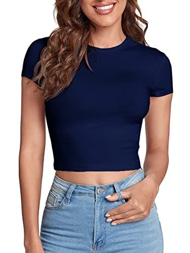 Valery Cruz's Amazon Page Navy Blue Crop Top, Casual Blazer Women, Navy Outfit, Blue Crop Top, Navy Blue Shirts, Casual Shirt Women, Slim Fit Top, Cute Everyday Outfits, Basic Tops