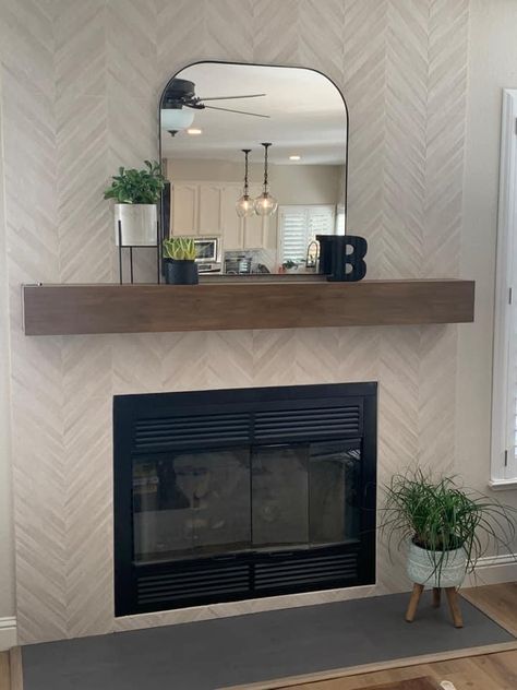 Backsplash On Fireplace, Herringbone Tiled Fireplace, Flat Tile Fireplace, Tile Ideas For Fireplace Surround, Linear Fireplace Tile Surround, Dark Tile Fireplace Surround, Electric Fireplace Ideas Vaulted Ceiling, Picket Tile Fireplace, Fireplace Refacing Ideas