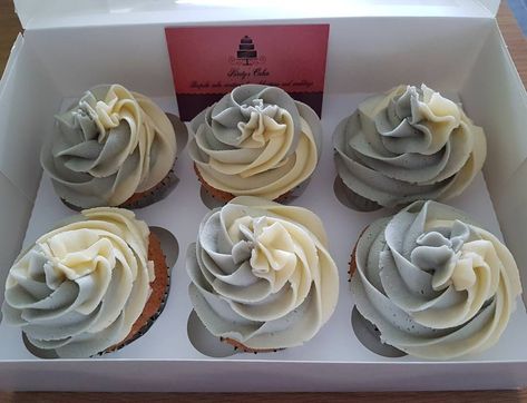 Box of 6 grey and cream mixed swirl cupcakes collected on Wednesday for an engagement celebration.  #cupcakes #engagement #greyswirl #vanilla #hemelhempsteadbaker #hertfordshire #cakemaker #cakestagram #cakesofinstagram #instacake Earl Gray Cupcakes, Maroon And White Cupcakes, Grey Stuff Cupcakes, Purple White And Silver Cupcakes, Pink And Grey Cupcakes, Swirl Cupcakes, Farmhouse Shower, White Cupcakes, Engagement Celebration