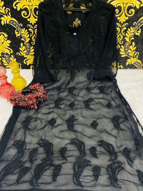 *lucknawi georgette chikankari tone to tone kurti* *Length 46* *Size 38 to 46* * Price 750+ship*⁰c45 😍😍😍😍😍😍 Gorget Kurti, Chicken Kari, Chikankari Kurti, Lucknowi Chikankari, Indian Outfits, Dress Materials, Victorian Dress, Chicken, How To Wear