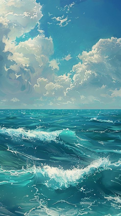 Anime Beach, Ocean Waves Painting, Seascape Artwork, Piskel Art, Sky Art Painting, Window Panes, Landscape Inspiration, Water Pictures, Fantasy Background