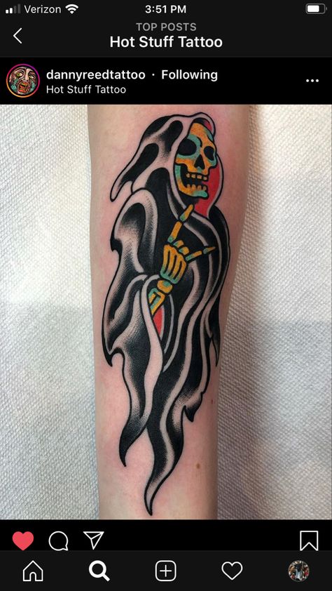 Traditional Reaper Tattoo, Asap Tattoo, Tattoo Grim Reaper, Painting Tattoos, Rad Tattoos, Horror Tattoos, Skeleton Tattoo, Grim Reaper Tattoo, Reaper Tattoo