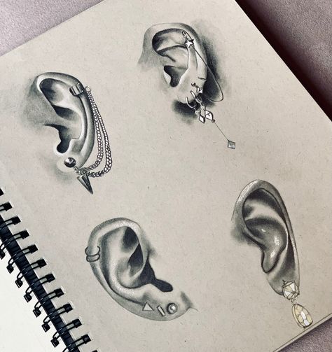 Sketching ears. #anatomy Ear Pencil Sketch, Ear Illustration Art, Ears Sketching, Ear Sketching, Earrings Drawing Sketch, Ear Piercing Drawing, Ears Anatomy, Ear Drawings, Ear Drawing Reference