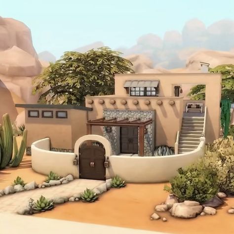 Sims 4 Adobe House, Sims 4 Hacienda, Hacienda Sims 4, Sims 4 Desert House Floor Plans, Desert House Exterior, Desert Home Sims 4, Sims 4 Desert House, Sims 4 Desert Mansion, Sims 4 Selvadorada Build