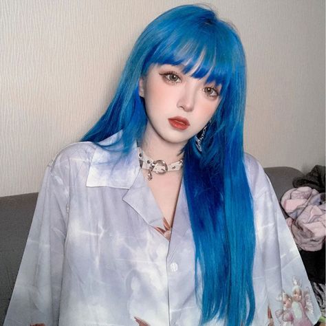 Straight Blue Hair, Blue Hair Wig, Lace Wig With Bangs, Hair Long Straight, Long Straight Wig, Kawaii Makeup, Blue Wig, Wig Stand, Wig With Bangs