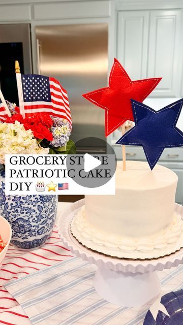 Shelby | Gift-in-a-Box Guide on Instagram: "We love an easy grocery store ✨zhuzh✨

This patriotic cake is PERFECT for Memorial Day or 4th of July parties you’re hosting or attending this summer (no baking required 😉)

For this exact cake I ordered:
- 6” round (≈12 servings)
- No filling
- White buttercream 
- No top border
- Bottom border: white shells 

Save for your upcoming patriotic parties this summer ☀️🇺🇸🎂

Comment SUPPLIES for a link to the cake, banner, cake stand, & cordless hot glue gun pen I used sent to your inbox! 

#memorialday #memorialdayweekend #4thofjuly #4thofjulydecor #diy #cakediy #partyinspiration #howto #howtodiy #partydiy #walmartfinds #partydiys" Memorial Day Cake Decorating Ideas, 4th Of July Sheet Cake Decorating, American Flag Sheet Cake, Patriotic Bundt Cake, American Flag Layer Cake, Patriotic Cake, White Shells, White Buttercream, Cake Banner