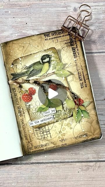 Vicky Papaioannou on Instagram: "Mini art journal in a fall color combination! What a lovely season to get inspired and craft. I had fun today in my journal with rice papers, stamps, stencils and pastes and cut outs. A lovely mixed media collage featuring a bird and berries 🐦🍓 ❤️ The scrapbook collection I used is Forest designed by my talented friend @cristinaradovan for @stamperiainternational  🛍️A link to the supply list can be found in my profile or you can just comment the keyword supplies and a clickable link will pop directly into your messages. #artjournal #journaling #creativejournal #mixedmedia #junkjournal #scrapbooking #journalwithme" Fall Mixed Media Art, Fall Color Combinations, Art Journaling Supplies, Vicky Papaioannou, Mini Art Journal, Scrapbook Collection, My Journal, Creative Journal, Supply List