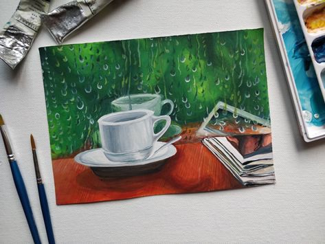 A monsoon inspired painting using Goauche Painting Monsoon Painting Ideas, Monsoon Drawings Ideas, Monsoon Drawings, Monsoon Painting, Painting Raindrops, Gouache Ideas, Food Paintings, Cloth Painting, Pikachu Drawing