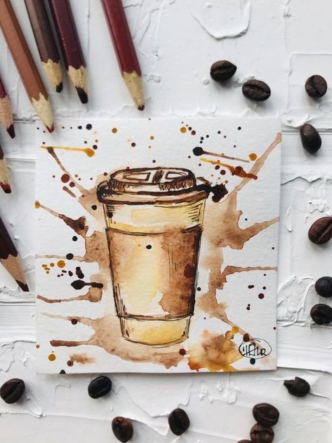 Coffee Drawing Ideas, Coffee Sketch Drawing, Espresso Painting, Coffee Painting Ideas Easy, Coffee Watercolor Painting, Watercolor Art Coffee, Diary Sketches, Coffee Art Drawing, Coffee Sketch