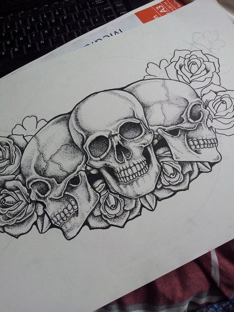 Dot Skull and Roses Chest Piece Tattoo in progress by kirstynoelledavies                                                                                                                                                                                 More Chest Piece Tattoo, Chest Neck Tattoo, Rose Chest Tattoo, Tattoos For Women On Thigh, Skull Rose Tattoos, Rose Tattoos For Women, Cool Chest Tattoos, Roses Tattoo, Pieces Tattoo