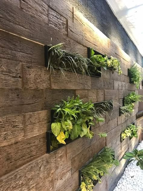 Stone Cladding Interior, Sleeper Wood, Green Wall Garden, Outdoor Wall Panels, Green Wall Design, Compound Wall Design, Feature Wall Design, Compound Wall, Wall Tiles Design